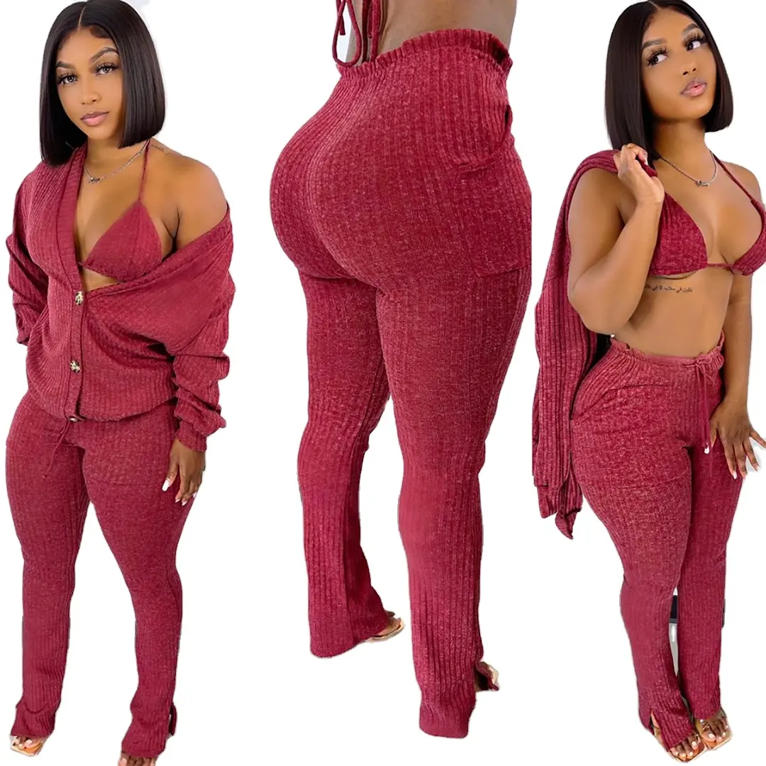 Frauen Mäntel Winter Dreiteiliges Set Frauen passende Kleidung sexy Pullover lässige Jacken Hosen Set für Frauen