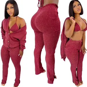 Women Coats Winter 3 Piece Set Women Matching Clothing Sexy Sweater Casual Jackets Pants Set For Woman