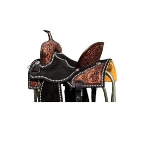Vente chaude Designer Western selle sans arbre couleur noire DD cuir Floral usiné cuir Patch rembourré siège équitation Tack - Product Image 3