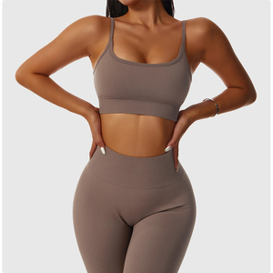 Ensemble de leggings et soutien-gorge de sport sans couture à taille haute pour femme, avec bretelles spaghetti, décoration en maille, respirant, en Spandex/Nylon, maintien élevé - Product Image 6