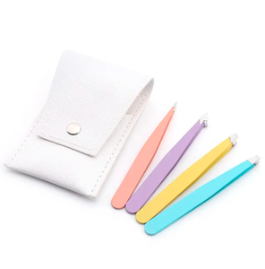 Alicates para cejas de acero inoxidable con logotipo personalizado de alta calidad, pinzas para Borde de cuchillo con punta plana biselada, bolsa de cuero PU para pestañas - Product Image 1