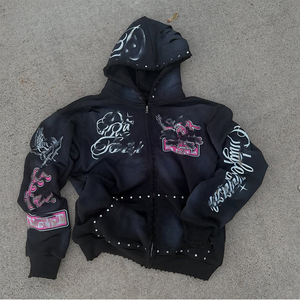 Chándal personalizado con capucha y cremallera lavada con estampado DTG DTF para hombre OEM, chándal con capucha y diamantes de imitación rectos para invierno - Product Image 2