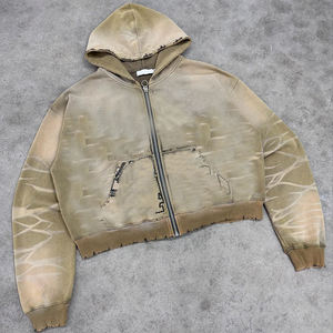 Sweat à capuche gris unisexe surdimensionné avec fermeture éclair bidirectionnelle, motif lettres en strass personnalisé, style streetwear - Product Image 4