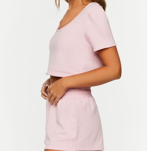 Marque adulte taille nouveau populaire plaine Shorts manches t-shirts 100% coton col rond ample haut court femmes Jogging T-Shirts filles - Product Image 1