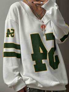 Sudadera Corta Verde y Blanca para Mujer, Lavado Ácido, Transpirable, con Estampado 91, Hombros Descubiertos, Felpa, Manga Larga, Algodón Suave, Ropa Urbana - Product Image 3