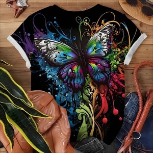 Art coloré T-shirt à motif de papillon coloré Personnalité à la mode Bas noir à manches courtes - Product Image 3