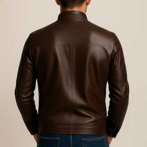 Men <b>Brown</b> <b>Leather</b> <b>Jacket</b> Slim Fit Moto Bomber Style Coated Stand Front Winter Breathable Windproof Outerwear Stylish Durable - Product Image 2