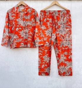 Conjunto de Pijama Informal de Algodón con Estampado Floral Digital, Corte Ajustado, Transpirable, Ropa de Dormir para Verano, Estilo Indio, Cuello en V, Largo Completo - Product Image 2