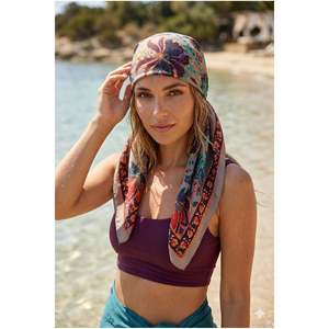 Foulard en satin à motifs pour femme 70x70 Beige Vert Orange FLR2008 - FLR2008-beige - Product Image 3