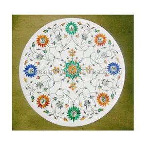 圆形手工抛光镶嵌花白色大理石镶嵌餐桌桌面，用于家庭和酒店装饰用途