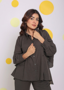 Natural Pure Linen <b>Women's</b> <b>Western</b> Style Solid <b>Shirt</b> Relaxed Collar & Full Sleeve Buttons ODM Woven Available Grey Big Sizes - Product Image 2