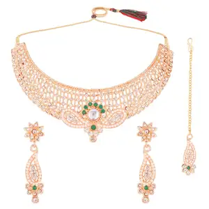 Indian Wholesale Jewellery Traditional Faux Pearl Crystal Choker Necklace Dangle Earrings With Maang Tikka Jewellery Set, Green