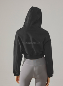 Sweat à capuche en molleton bouclé 100 % coton pour femme, coupe carrée, court, écologique, respirant, imprimé numérique en relief, uni, brodé - Product Image 3