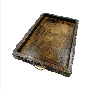Élégance rustique en bois de manguier de qualité supérieure: plateaux de service rectangulaires avec poignées en laiton et écorce de bois au prix de gros - Product Image 2