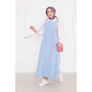 Vestido Overol de Mezclilla Azul Claro con Bolsillos Laterales, Estilo Casual Simple, Mangas Cortas, Decoración de Botones, Corte Recto para el Verano - Product Image 4