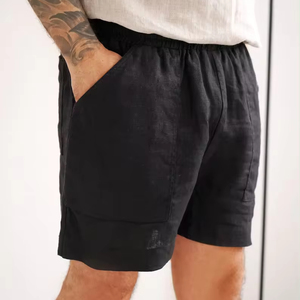 Short de base en lin tissé 3D pour hommes, vêtements de loisirs noirs décontractés, taille élastique, poches amples - Product Image 1