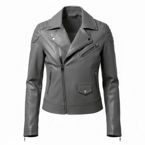 Custom Zipper Grey Leather Motorbike <b>Jacket</b> Women Bulk Wholesale Factory Price Genuine Biker Style <b>Ladies</b> Fashion Coat <b>jacket</b> - Product Image 2