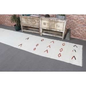 Alfombra Turca de Lana, 2.6x11.3 pies, Blanca con Rayas Rojas - Product Image 4