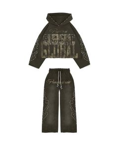 Winter Vintage <b>Crop</b> Hoodie & Baggy <b>Pant</b> Set with Customizable Brand Name Rhinestone Printing Heavyweight Loose Fit - Product Image 1