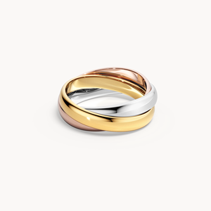 Bague de mariage géométrique VEYNOU tricolore en platine plaqué rhodium avec diamant de laboratoire en or 18 carats et accents de perles - Product Image 1