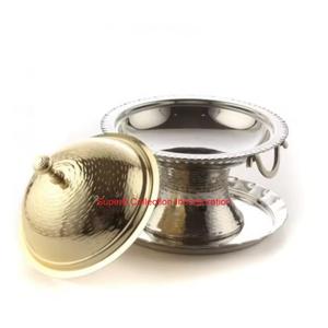 Modern Brass Date <b>Bowl</b> Hammered Finish & Wooden Base Islamic Crescent Moon <b>Lid</b> Luxury Decorative Serving Platter For Ramadan - Product Image 6