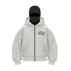 Sudadera con capucha de pasamontañas con cremallera completa de Terry francés de doble capa para hombre con estampado bordado - Product Image 3