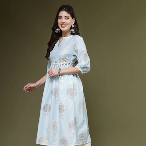 Ropa Casual de Oficina para Mujer, Hermoso Vestido Azul Turquesa con Estampado Floral, Corte en A, Poliéster, Bordado, Estilo Étnico de Verano - Product Image 1