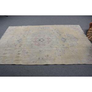 5x8.2 ft Vintage Large Rug, <b>Yellow</b> Pink Turkish Abstract <b>Wool</b> Rug - Product Image 4