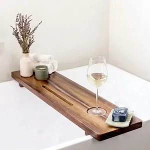 Plateau de bain en bois d'acacia avec porte-verre à vin, design minimaliste pour utilisation dans la baignoire, surface imperméable - Product Image 4