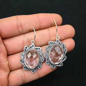 ต่างหู kunzite สีชมพู925เงินสเตอร์ลิงทำด้วยมือพลอยรูปไข่แบบห้อยอัญมณีสำหรับเป็นของขวัญสำหรับผู้หญิง - Product Image 1