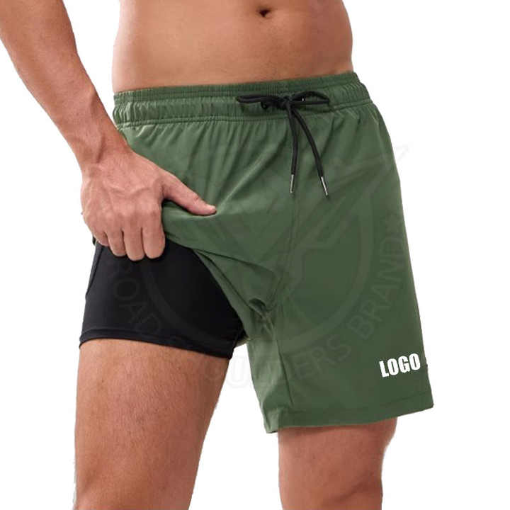 Customized Logo Men's Quick Dry Gym Shorts Mid Waist Solid 2-in-1 Compression Liner Waterproof Walkout Casual Beach Shorts