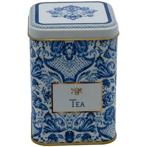 Caja de Metal Cuadrada de 0.5L Tapa Deslizante Inspirado en Azulejo Azul Blanco Patrón Decorativo Reciclable En Relieve 75x75x102mm Rectángulo - Product Image 1