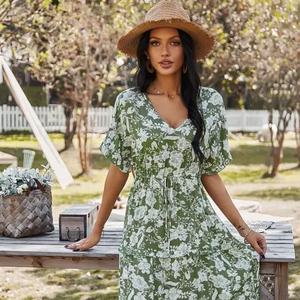 2023 Maxi vestido para mujer atractivo estampado de leopardo hasta la rodilla estilo bohemio media manga dulce verano vacaciones Look 100% algodón - Product Image 1