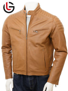 Meilleure vente moto marque hommes Beige véritable peau de mouton veste en cuir pour hommes avec col montant High Street Style hiver - Product Image 2