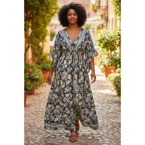 Vestido Maxi Boho Floral para Mujer, Sin Tirantes, Cintura Imperio, Color Azul Marino sobre Crema, Seda Viscosa, para Oficina, Uso Diario, Tallas XS-XL - Product Image 1
