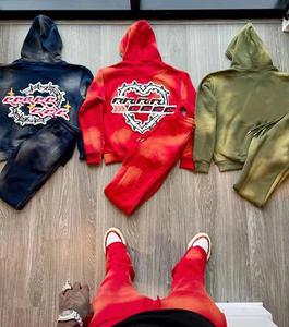 Streetwear Acid Washed Sweat Suits Zipper Rhinestone Hoodies <b>Tracksuit</b> Set Vintage Flared Sweatpants and Hoodie Set for Men - Product Image 6