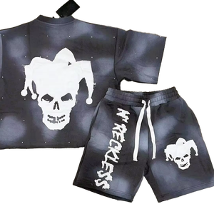 ชุด2ชิ้นผ้าฝ้ายฟอกสีกรดของผู้ชายวินเทจเสื้อยืดและกางเกงขาสั้นฤดูร้อน - Product Image 1