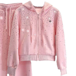 Wholesale <b>Pink</b> Allover Rhinestone Breathable Tracksuit Oversize Hoodie Flared Sweatpants Two Piece Set Custom Manufacturer OEM - Product Image 2
