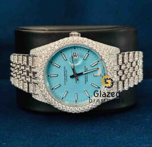 Reloj de Pulsera de Lujo para Hombre, Completamente Cubierto de Diamantes VVS, con Barra Blanca y Esfera Azul Cielo, Estilo Hip Hop - Product Image 2