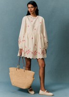 Robe courte vintage bohème pour femme, coupe trapèze, 100 % coton, manches bouffantes, unie, broderie artisanale, écologique, naturelle