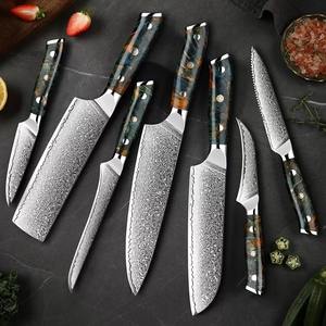 7pcs couteau de chef japonais couteaux de cuisine en acier damas manche en bois professionnel avec gaine en cuir pour le camping et la survie. - Product Image 6
