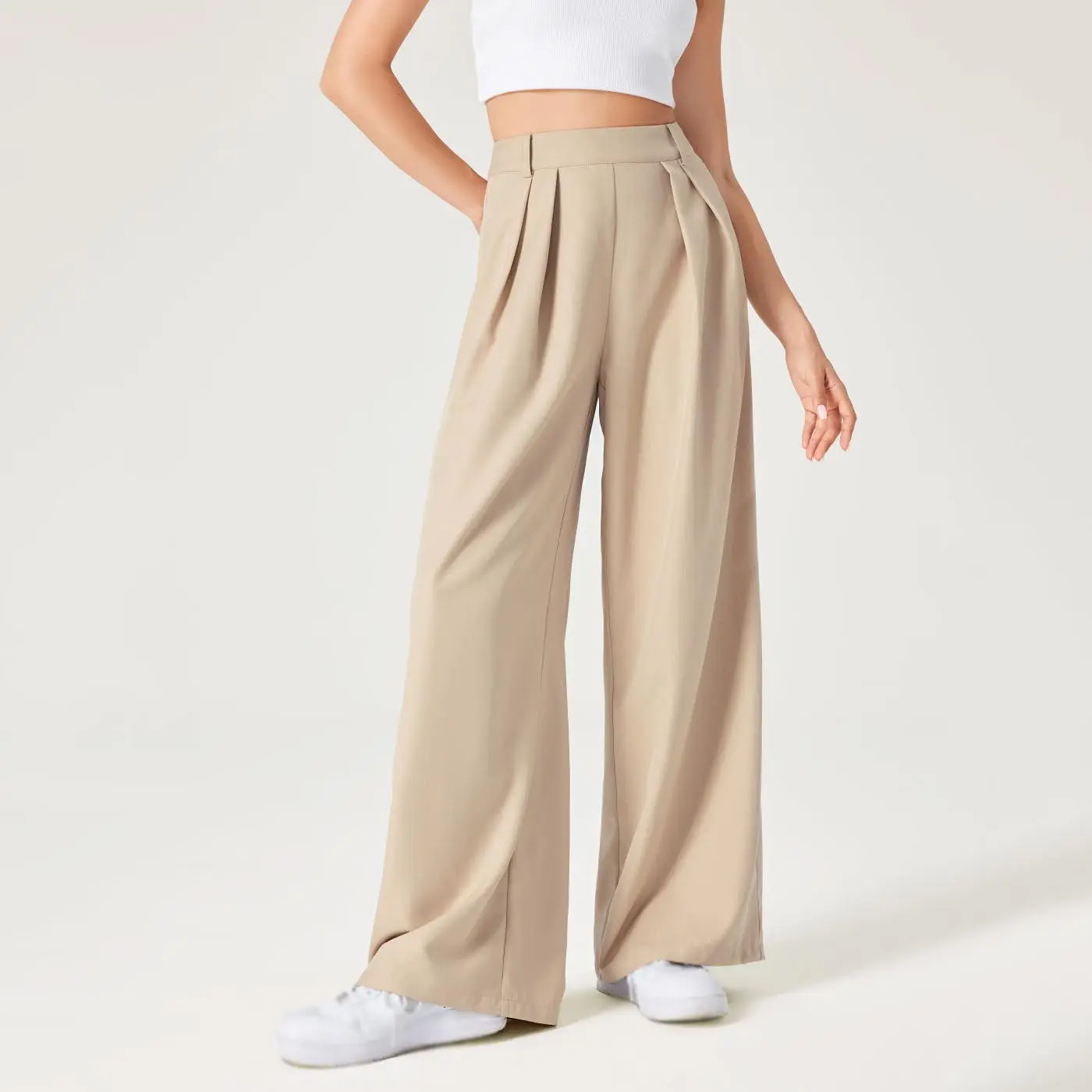 Culottes pour femmes personnalisées, modestes, kaki, pantalons carrés à taille haute, amples, pantalons à jambes larges plissés à texture solide pour femmes