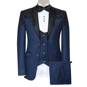 2024 última venta caliente hombres 3 piezas esmoquin traje de boda bordado azul cuello mandarín doble botonadura traje de pana a rayas - Product Image 1