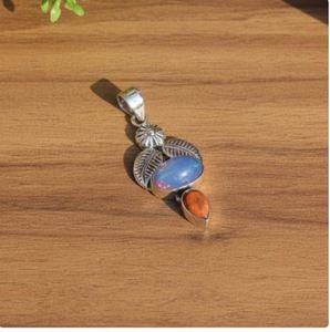 Colgante de Ópalo Azul y Ostra Espinosa Naranja, Colgante de Hoja de Plata de Ley 925, Collar con Colgante Hecho a Mano - Product Image 4