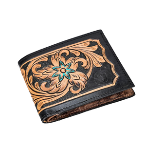 Cartera de cuero plegable floral con detalles en turquesa y diseño tallado a mano - Product Image 1