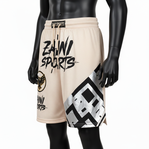 Pantalones cortos de baloncesto para hombre de malla de poliéster premium de 180 GSM, color crema con panel lateral negro, estampado por transferencia térmica y logotipo bordado. - Product Image 4