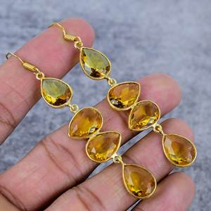 Boucles d'oreilles en argent sterling 925 plaqué or, faites à la main, avec pierre précieuse en quartz citrine, serties à la main - Boucles d'oreilles en forme de poire en citrine pour femmes - Product Image 1