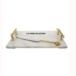Plateau en marbre blanc avec poignées latérales dorées forme rectangulaire couteau à plateau en marbre fantaisie pour équipement de Restaurant prix le plus bas - Product Image 1