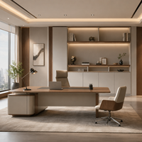 Meuble de bureau exécutif moderne avec accent en bois lamellé, grand centre d'exposition ouvert et armoires inférieures fermées, éclairage LED