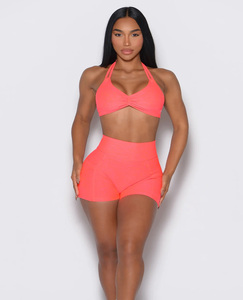 ชุดออกกำลังกายขาสั้นเอวสูงสำหรับผู้หญิงชุดออกกำลังกายเล่นฟิตเนส2ชิ้นสีชมพูนีออนออกแบบได้ตามต้องการ - Product Image 3